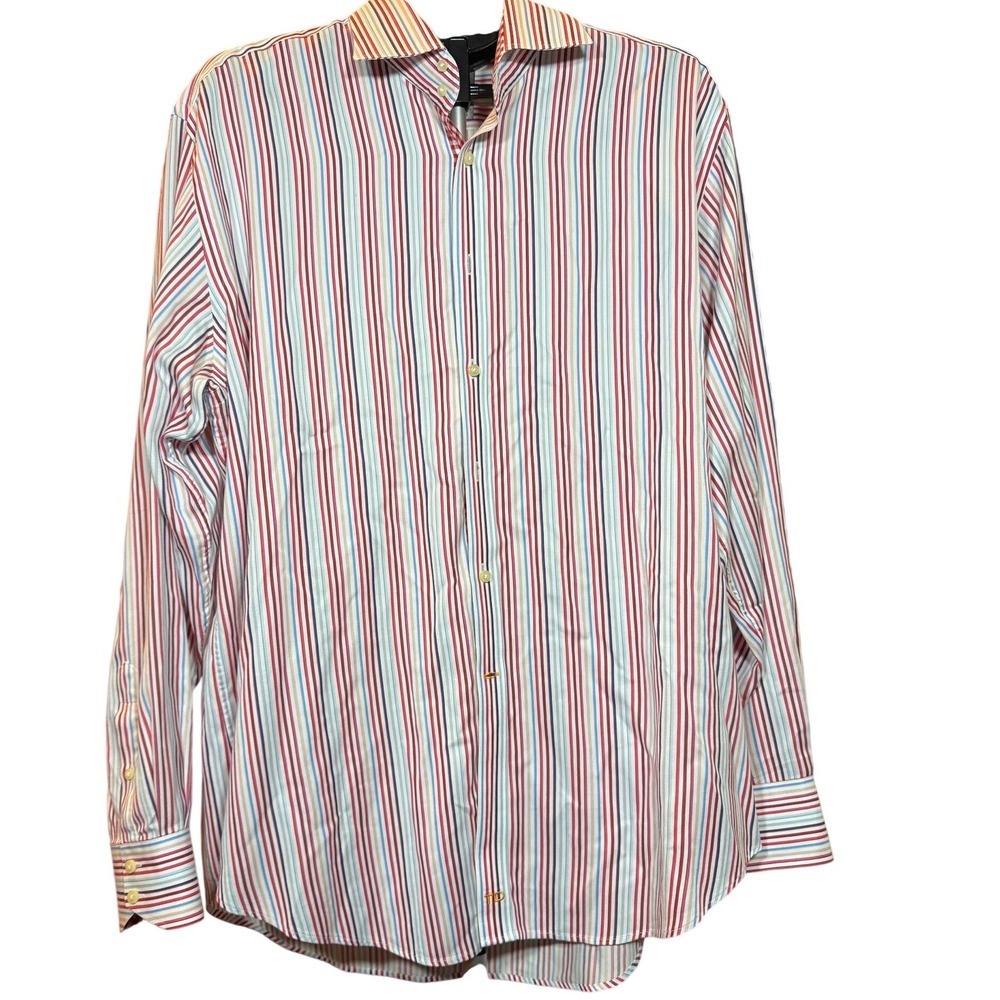 Thomas Dean Mens XL Striped Button Down Shirt Red Blue White Long Sleeve Cotton